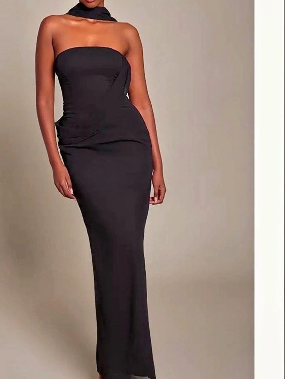 NWT-BLACK CHIFFON BANDEAU DRAPED SCARF MAXI DRESS